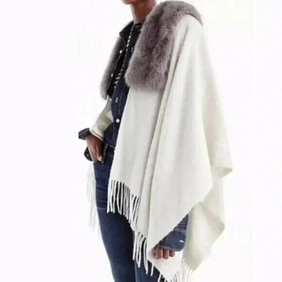 J.Crew Faux-Shearling  Wool Light Gray Poncho Cape One Size - Picture 1 of 9